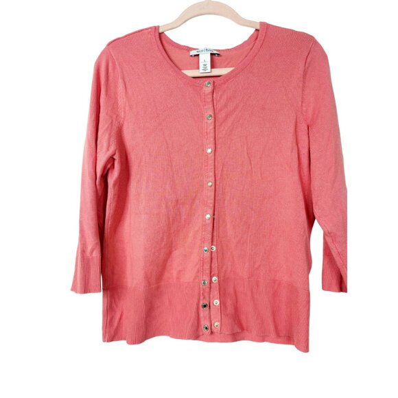 2/$30 White House Black Market 3Q Sleeve Gold Snap Cardi Coral Large Multi #9929 - Picture 3 of 8